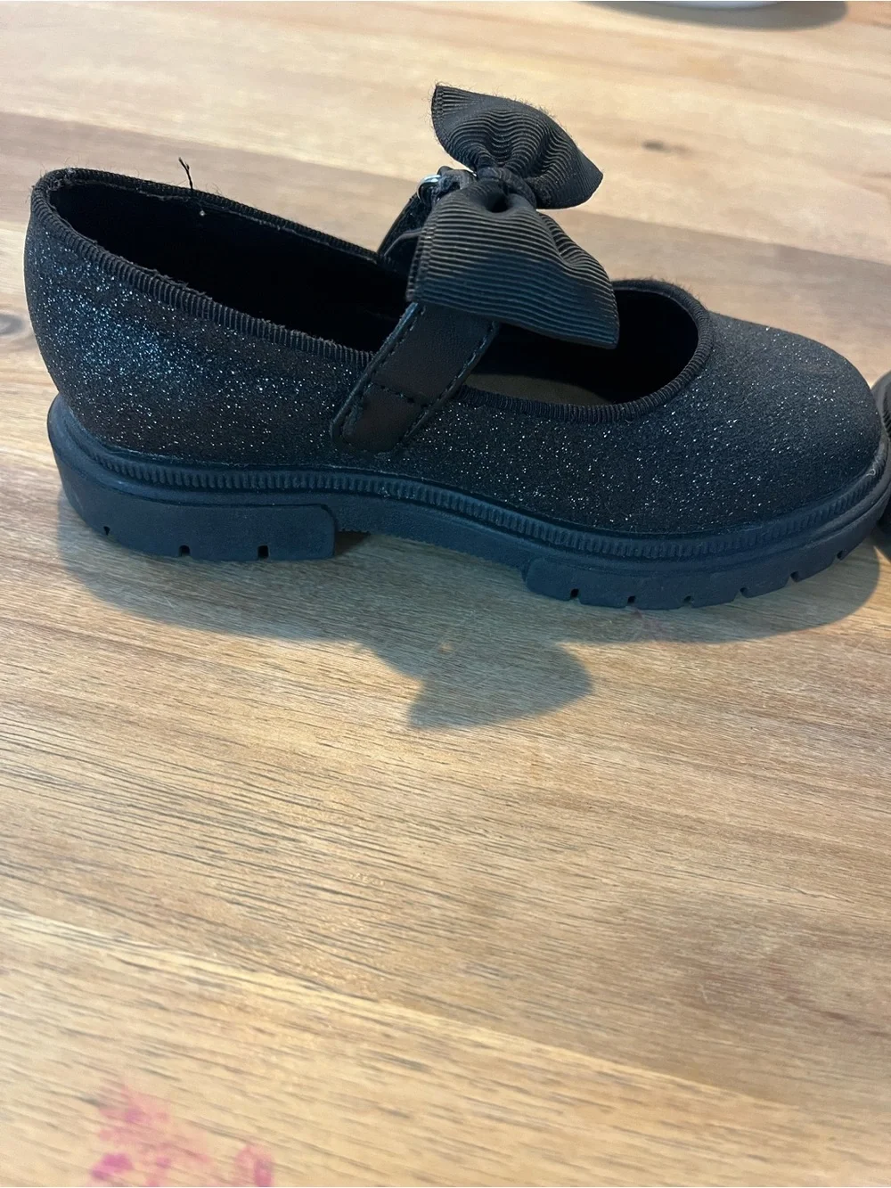 Girls' Black Glitter Mary Jane Shoes with Bow Accent